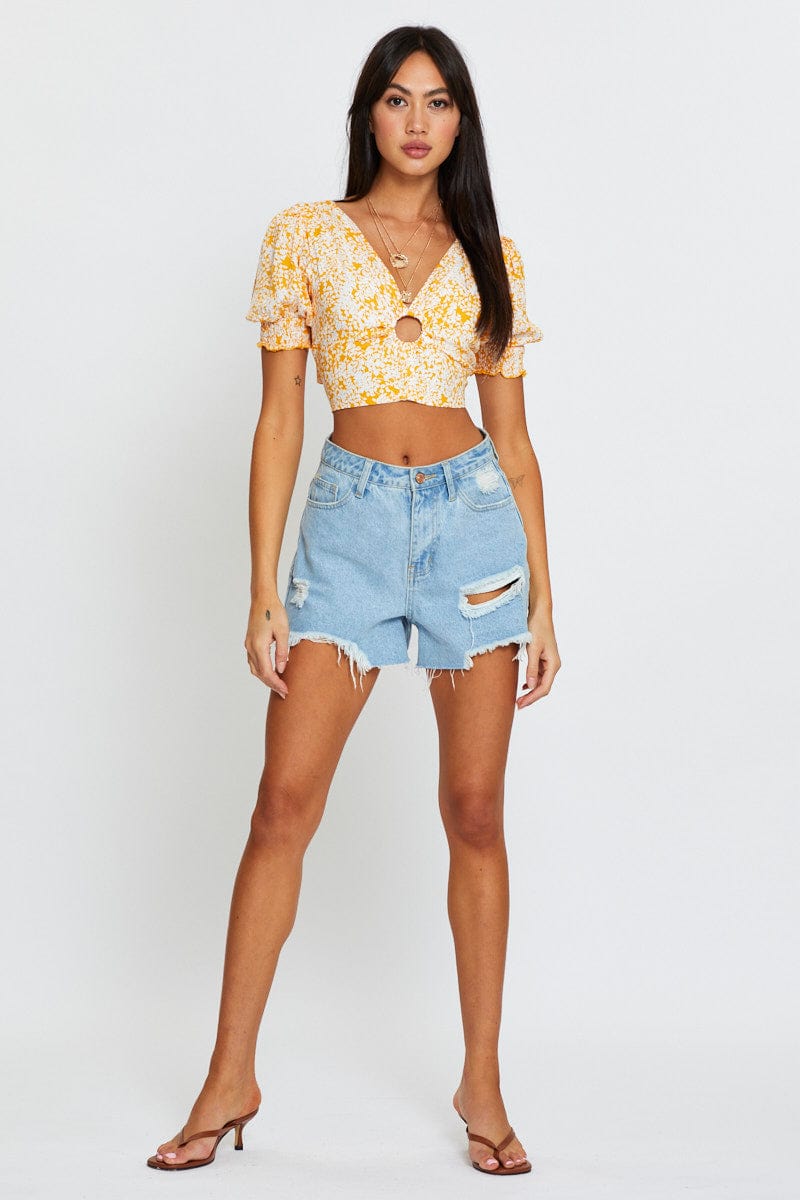 CROP TOP Ditsy Print Puff Sleeve Top Short Sleeve Crop for Women by Ally