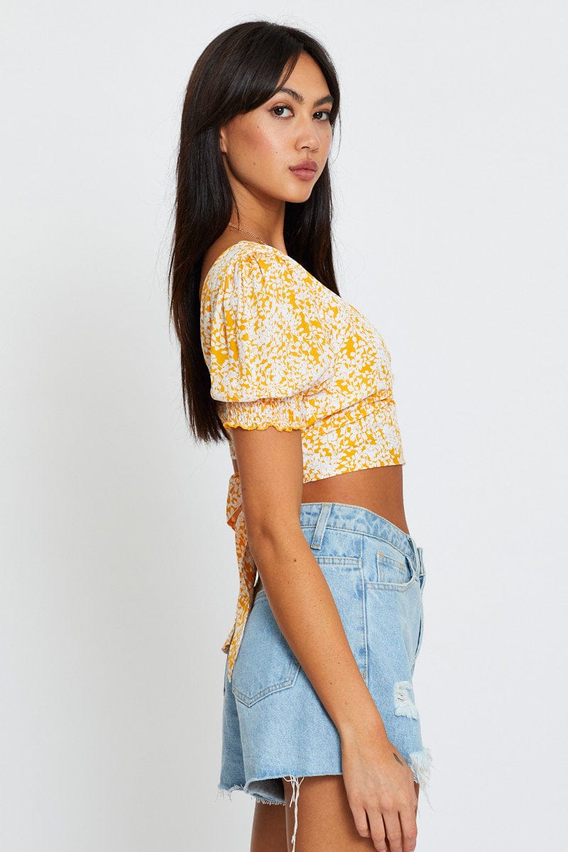 CROP TOP Ditsy Print Puff Sleeve Top Short Sleeve Crop for Women by Ally