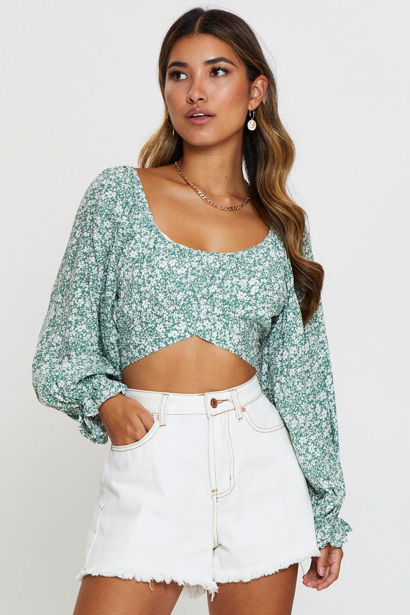 CROP TOP Floral Print Crop Top Long Sleeve for Women by Ally