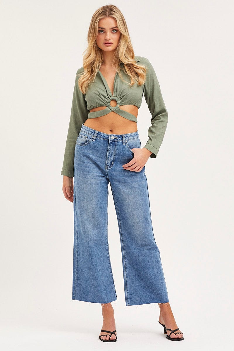 CROP TOP Green Bell Sleeve Top Long Sleeve Crop for Women by Ally