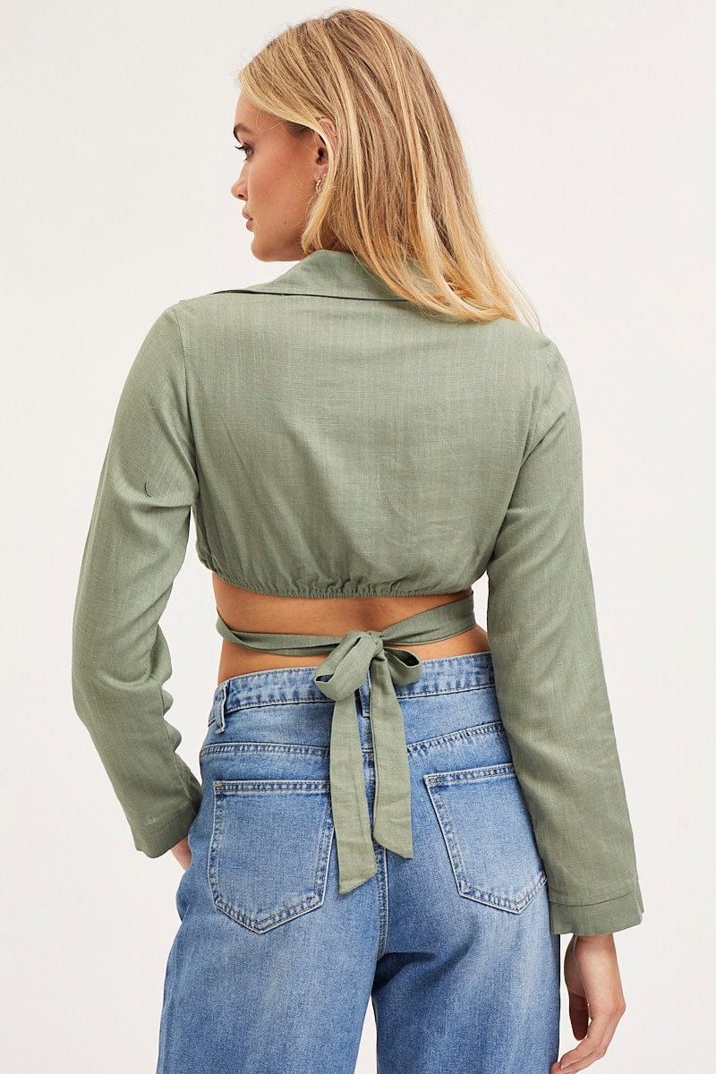 CROP TOP Green Bell Sleeve Top Long Sleeve Crop for Women by Ally