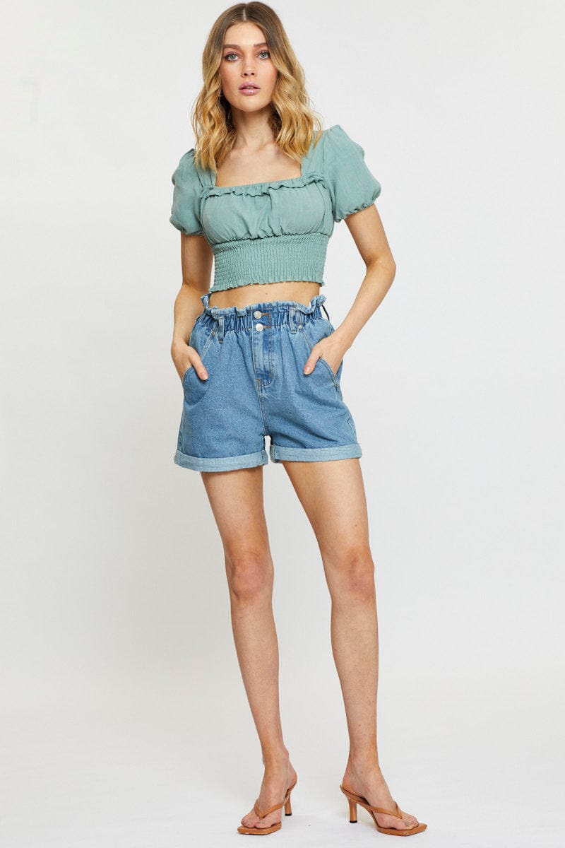 CROP TOP Green Crop Blouse Short Sleeve for Women by Ally