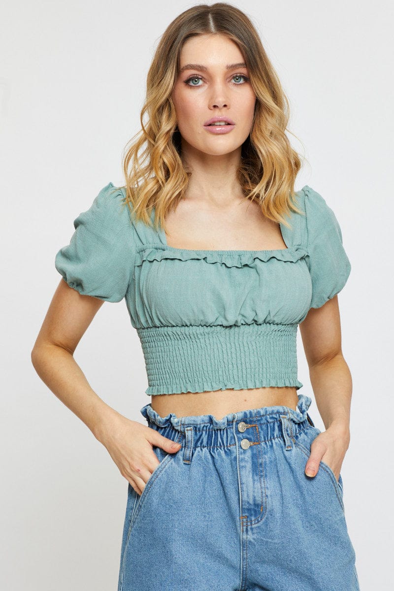 CROP TOP Green Crop Blouse Short Sleeve for Women by Ally