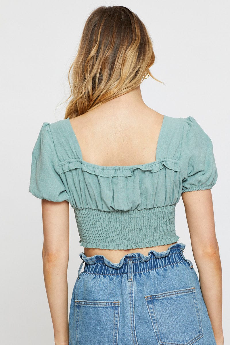 CROP TOP Green Crop Blouse Short Sleeve for Women by Ally