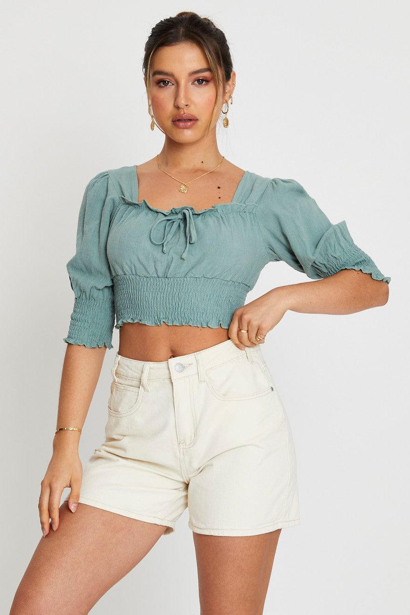 CROP TOP Green Crop Top Short Sleeve for Women by Ally