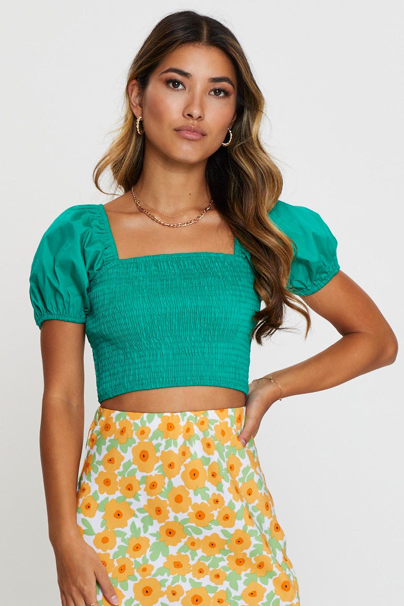 CROP TOP Green Crop Top Short Sleeve for Women by Ally