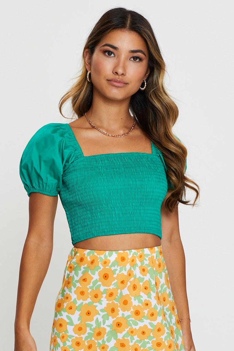 CROP TOP Green Crop Top Short Sleeve for Women by Ally