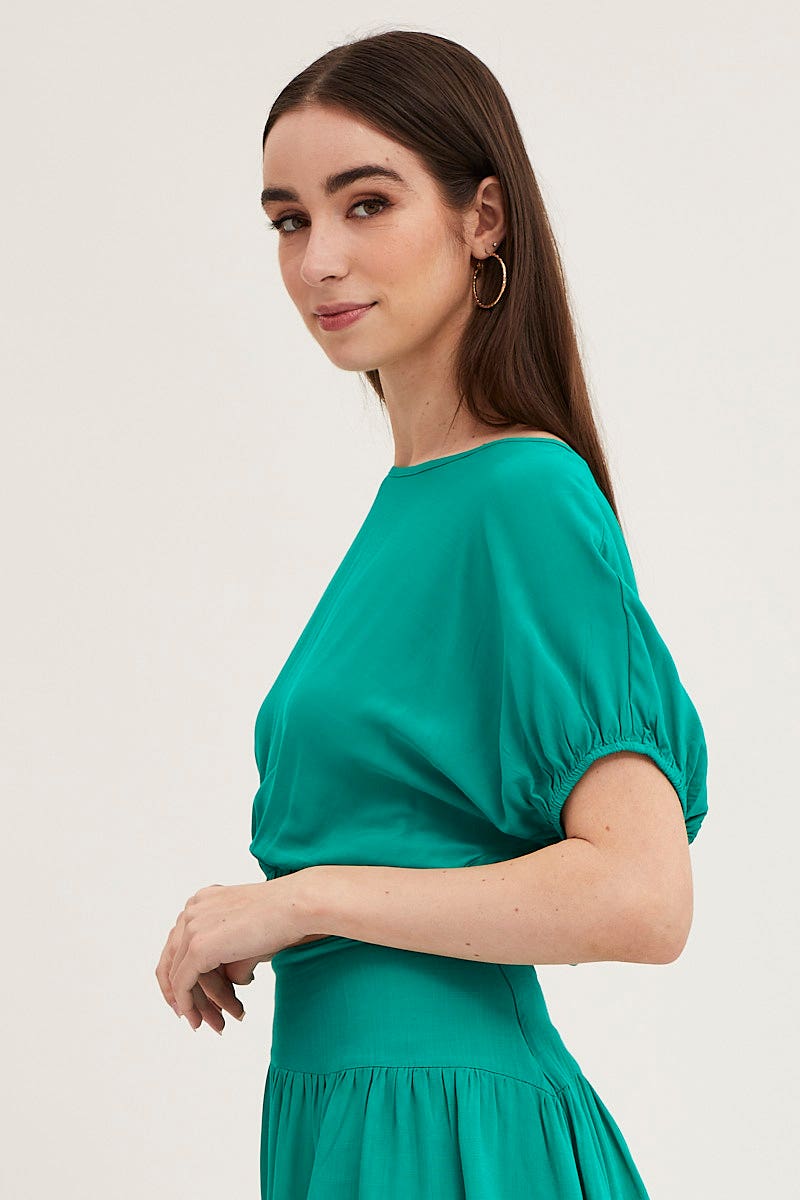 CROP TOP Green Crop Top Short Sleeve Elasticated Waist for Women by Ally