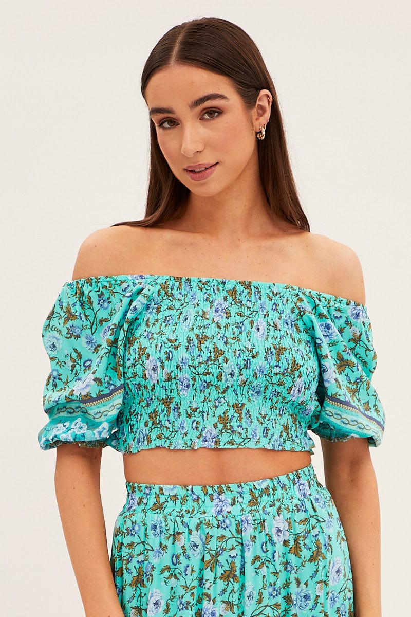 CROP TOP Green Frilled Hem Half Puff Sleeve Square Neck Crop for Women by Ally