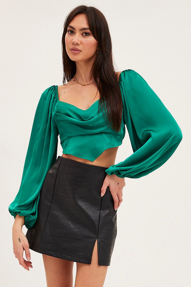 CROP TOP Green Puff Sleeve Top Long Sleeve for Women by Ally