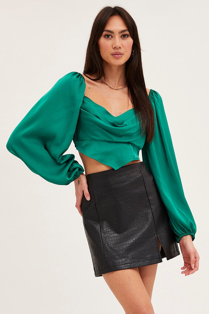 CROP TOP Green Puff Sleeve Top Long Sleeve for Women by Ally