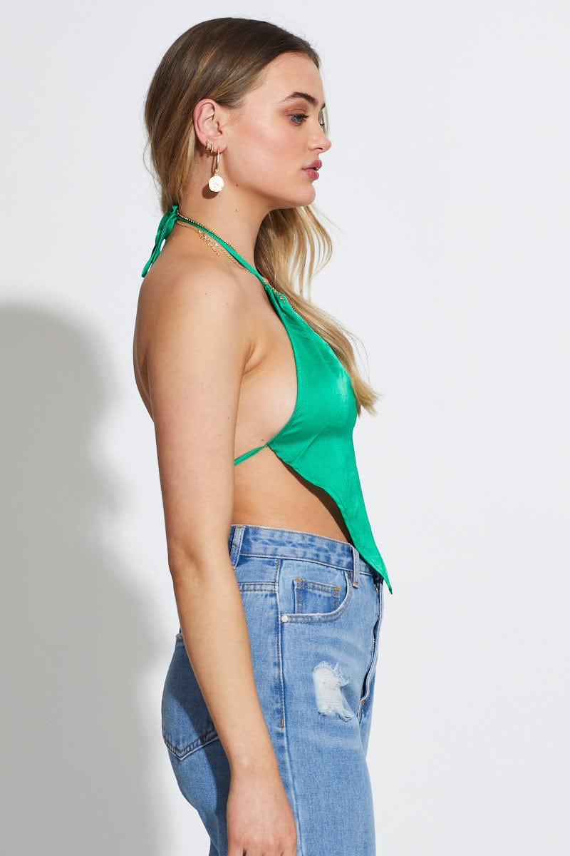 CROP TOP Green Scarf Top Halter Satin for Women by Ally