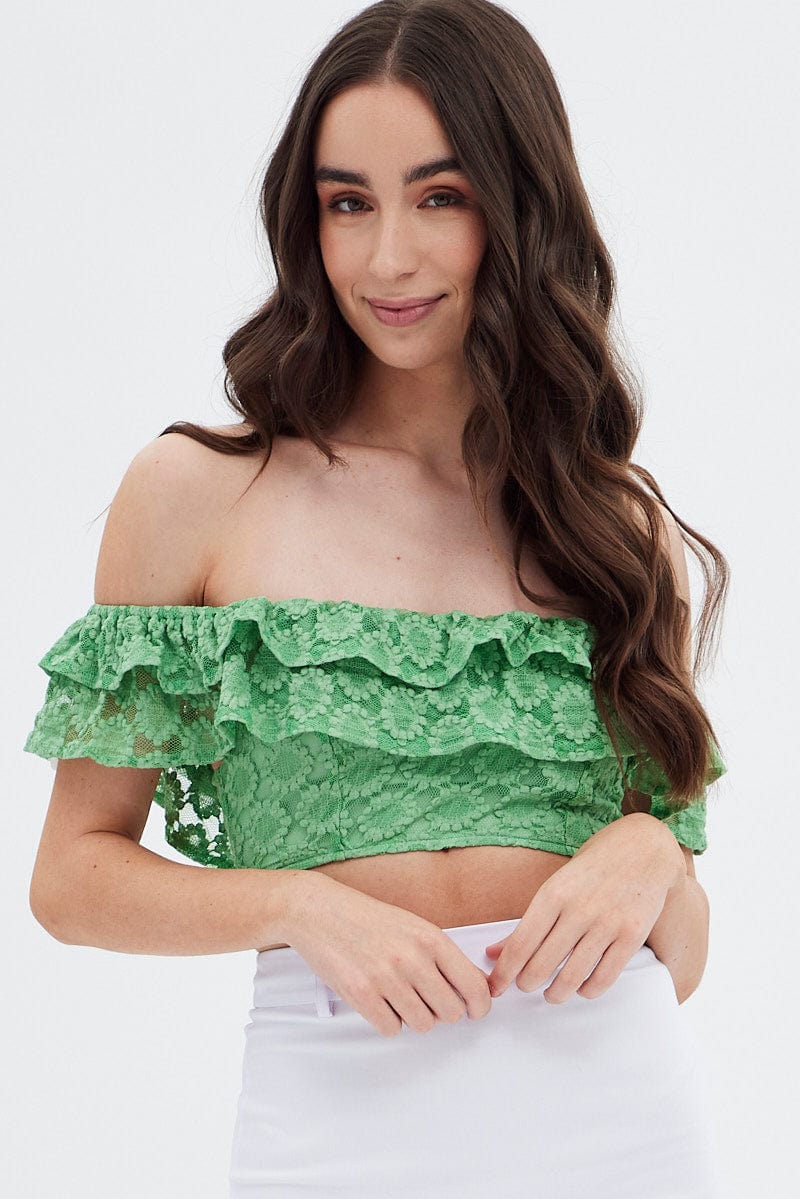 Green Sleeveless Lace Crop Top for Ally Fashion