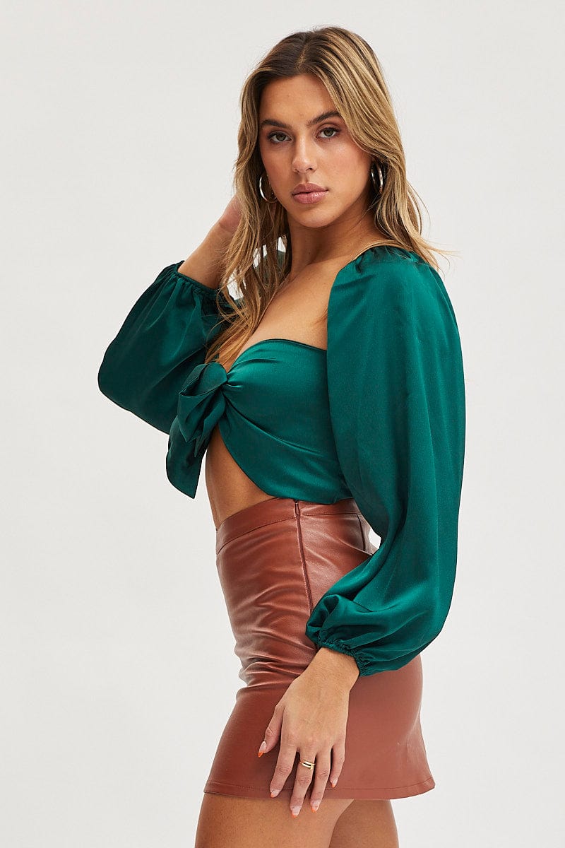CROP TOP Green Tie Up Top Long Sleeve Crop for Women by Ally
