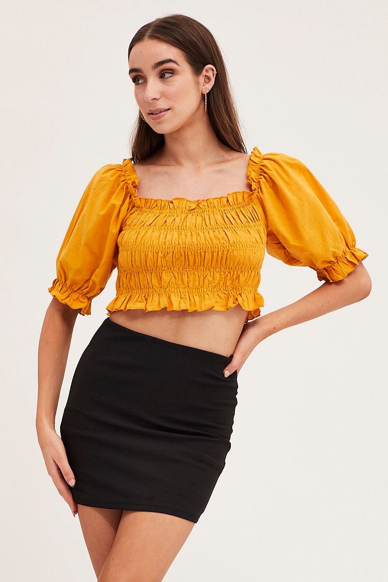 CROP TOP Orange Crop Top Short Sleeve Shirred for Women by Ally