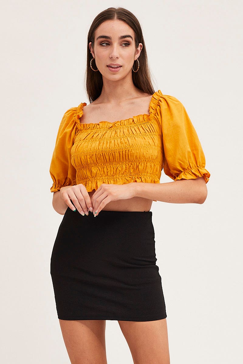 Women s Orange Crop Top Short Sleeve Shirred Ally Fashion women-s-orange-crop-top-short-sleeve-shirred-ally-fashion