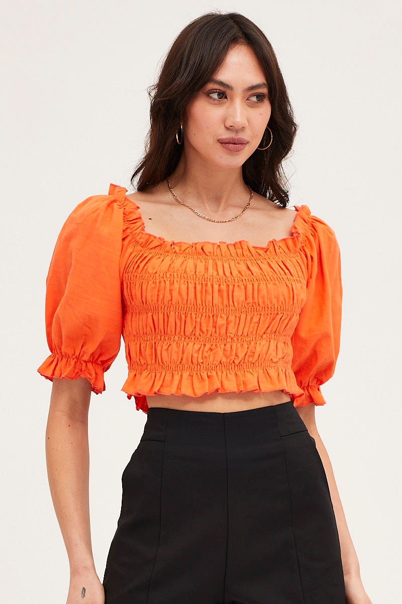 Orange Crop Top Short Sleeve Shirred | Ally Fashion