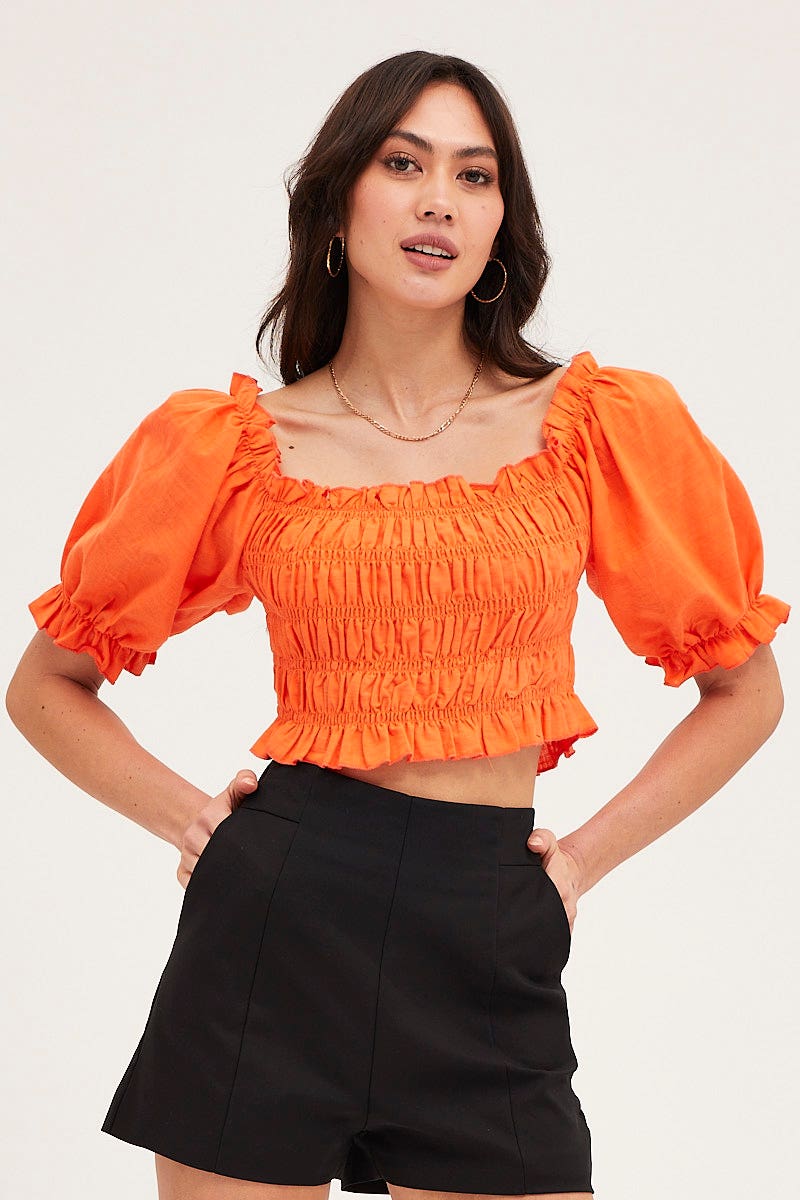 CROP TOP Orange Crop Top Short Sleeve Shirred for Women by Ally