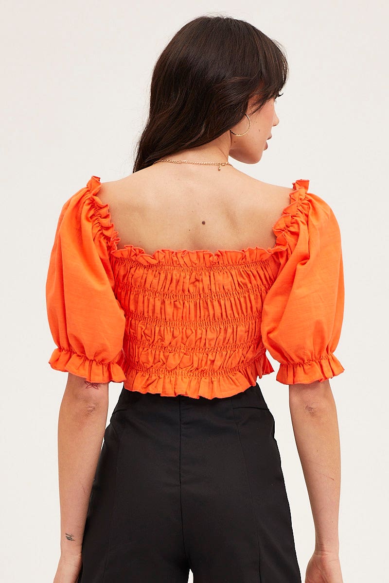 CROP TOP Orange Crop Top Short Sleeve Shirred for Women by Ally