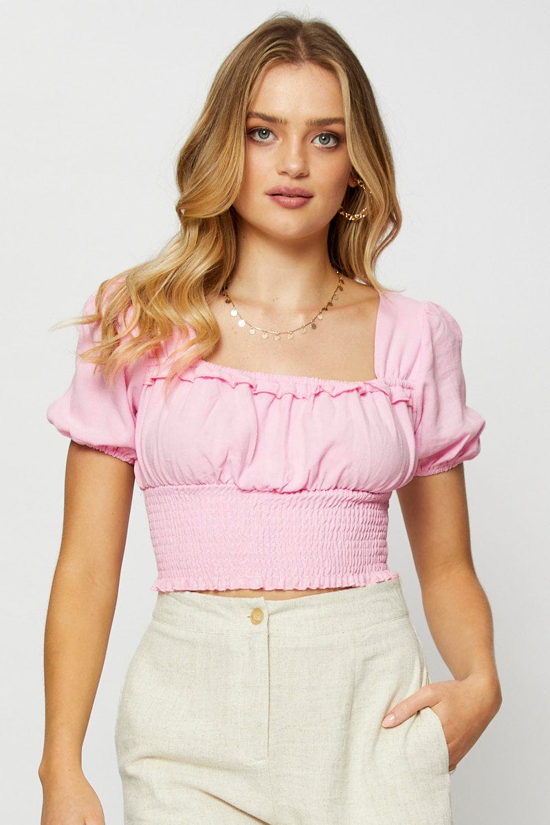 CROP TOP Pink Crop Blouse Short Sleeve for Women by Ally