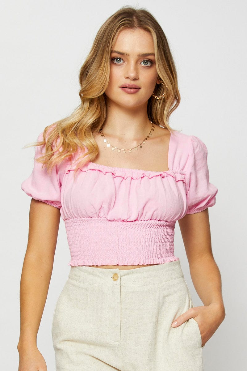 Women’s Pink Crop Blouse Short Sleeve | Ally Fashion