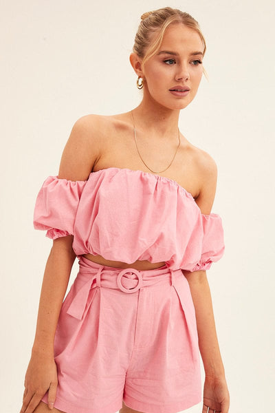 Pink Crop Top Off Shoulder Puff Sleeve | Ally Fashion