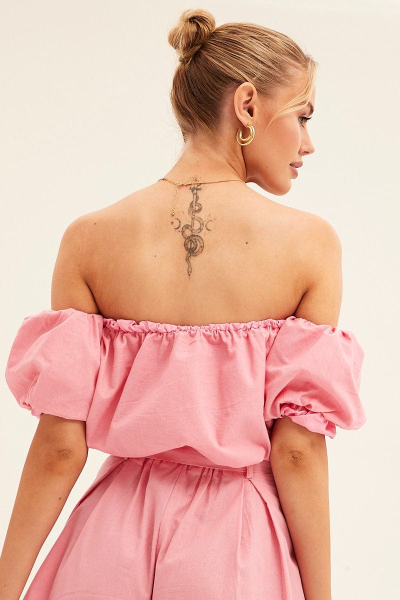 CROP TOP Pink Crop Top Off Shoulder Puff Sleeve for Women by Ally