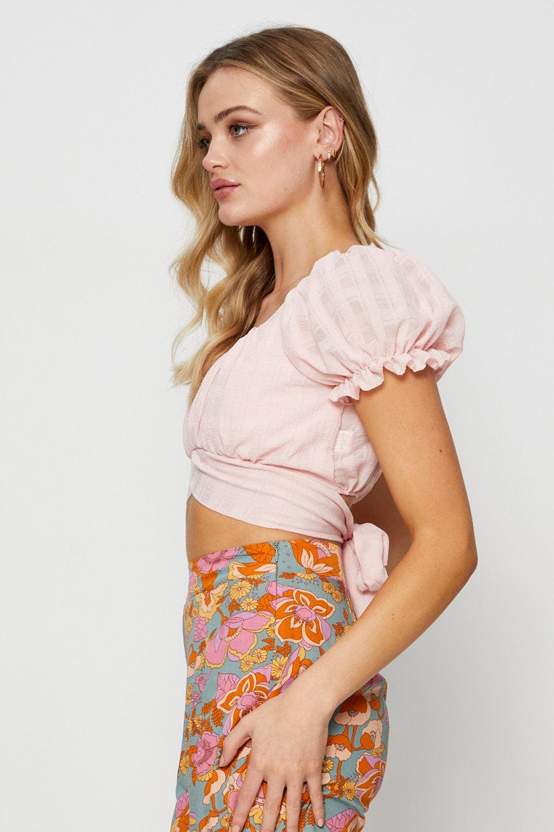 CROP TOP Pink Crop Top Short Sleeve Tie Up for Women by Ally