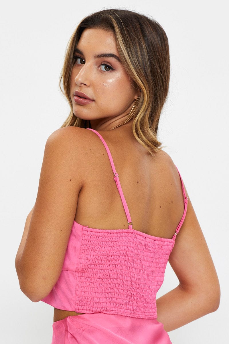 CROP TOP Pink Satin Ruched Singlet Crop Top for Women by Ally