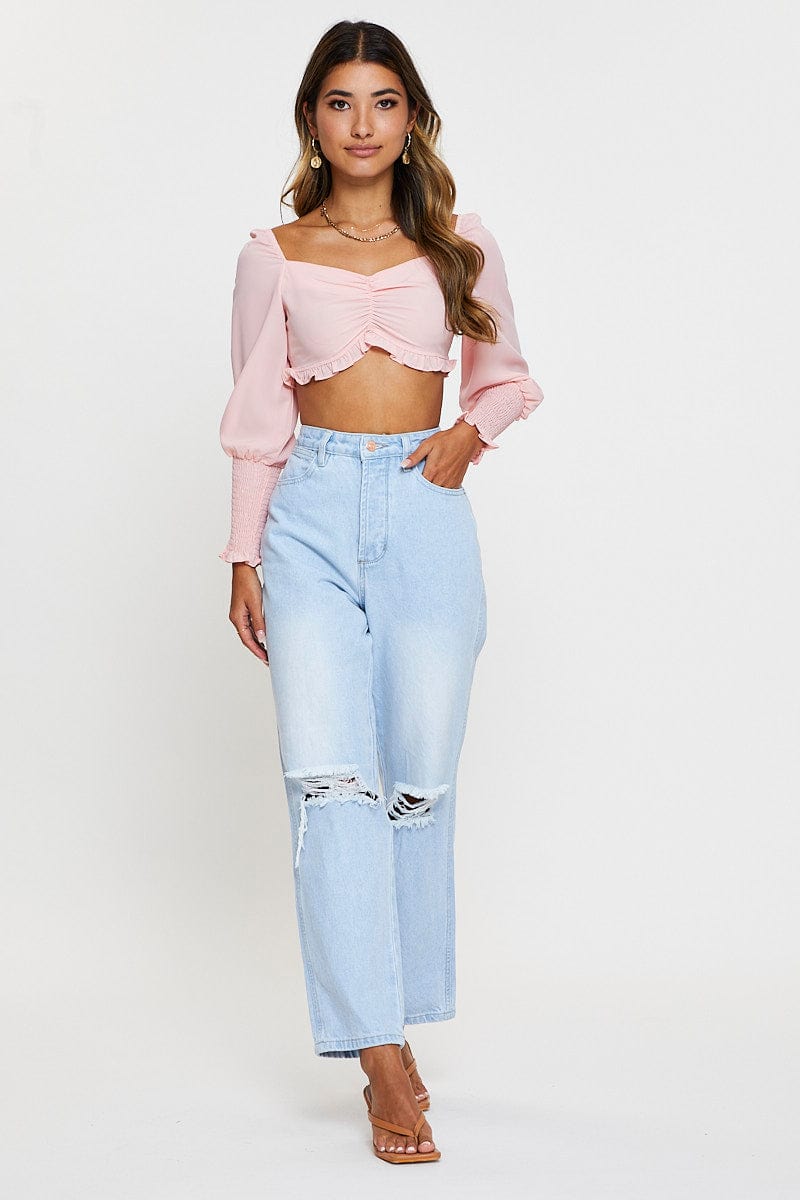 CROP TOP Pink Shirred Top Long Sleeve Crop for Women by Ally