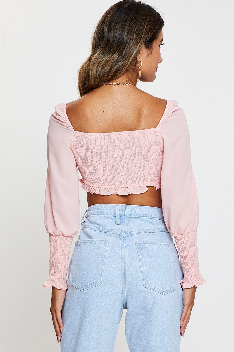 CROP TOP Pink Shirred Top Long Sleeve Crop for Women by Ally