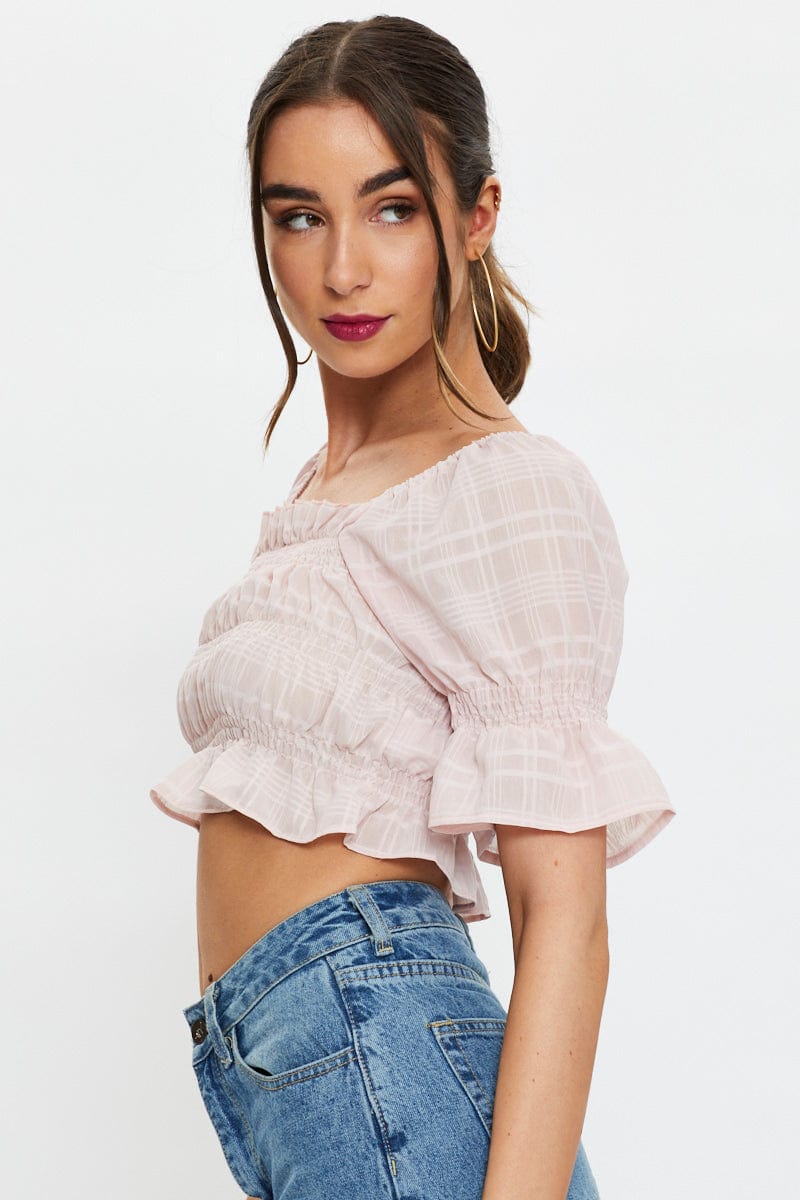 CROP TOP Pink Short Sleeve Textured Shirred Puff Sleeve Crop Top for Women by Ally