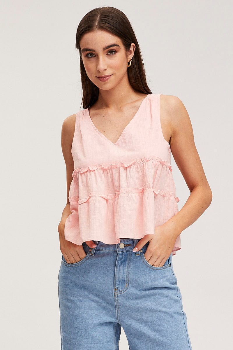 CROP TOP Pink Swing Top Sleeveless V-Neck for Women by Ally