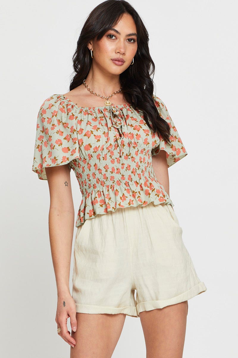CROP TOP Print Crop Top Short Sleeve Sweetheart for Women by Ally