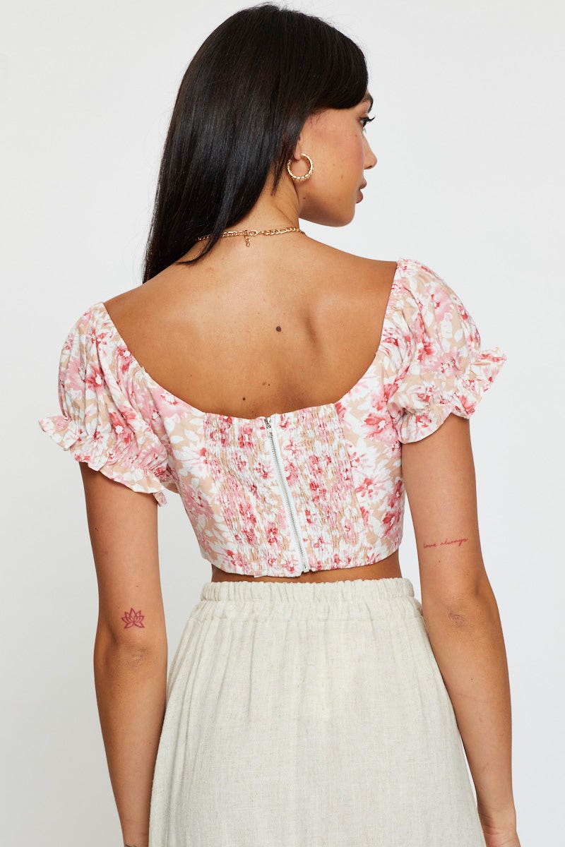 CROP TOP Print Puff Sleeve Top Short Sleeve Crop for Women by Ally