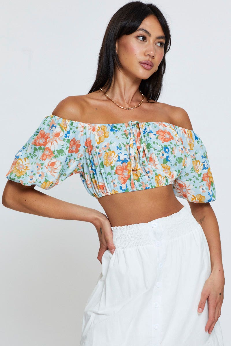 CROP TOP Print Top Short Sleeve Crop Off Shoulder for Women by Ally