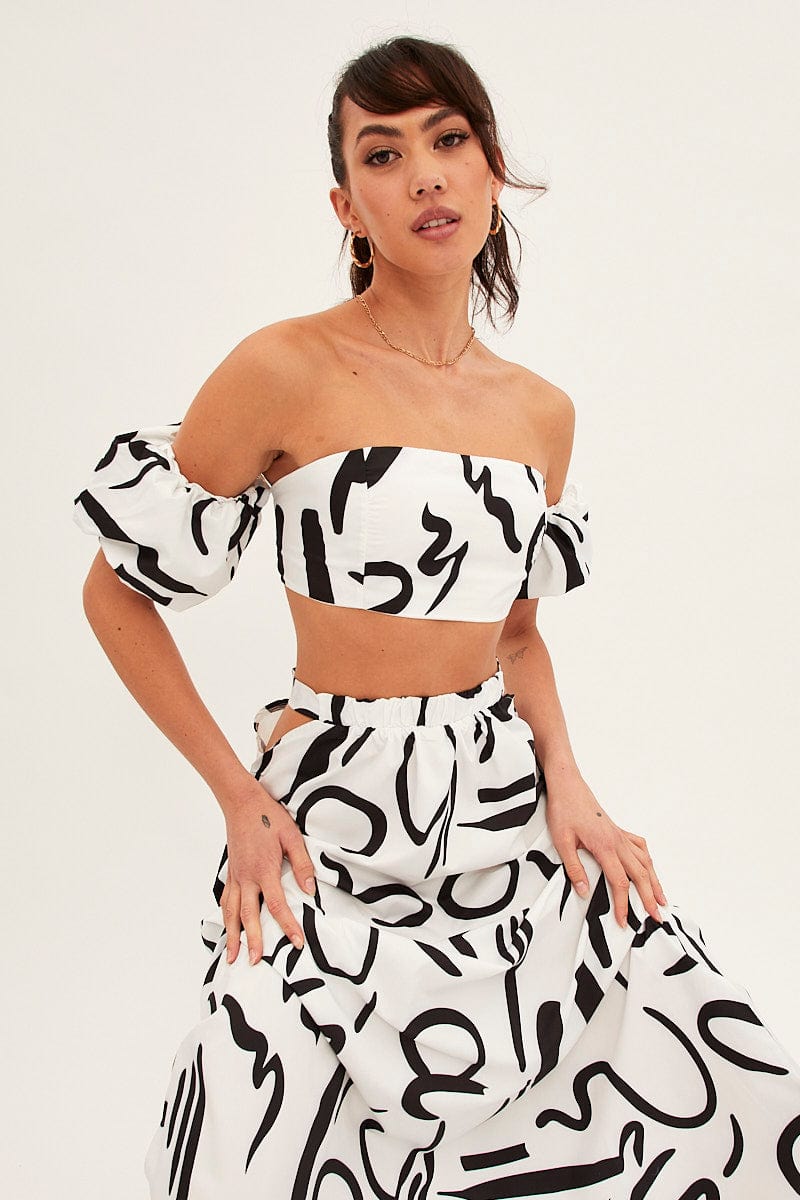 CROP TOP White Abstract Abstract Off Shoulder Crop Top for Women by Ally