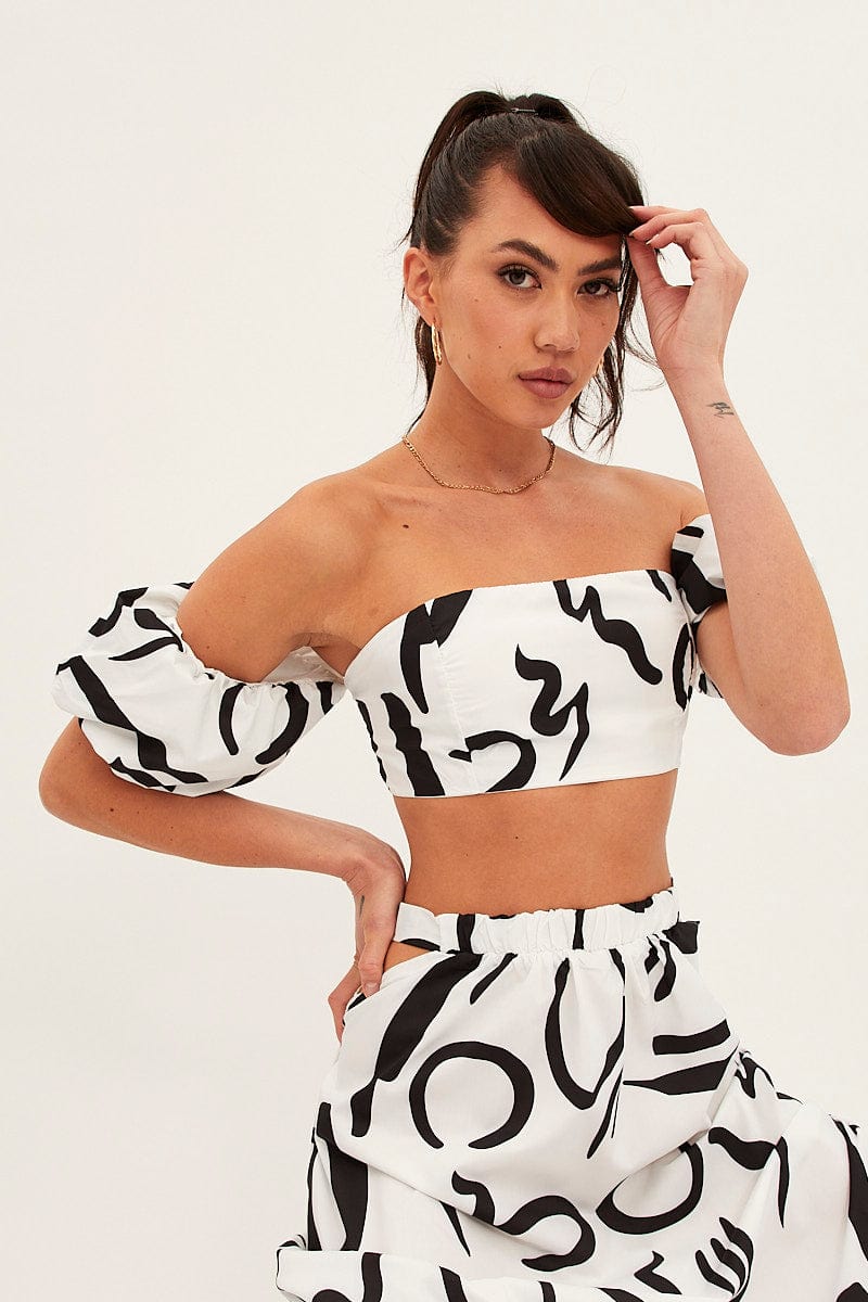 CROP TOP White Abstract Abstract Off Shoulder Crop Top for Women by Ally