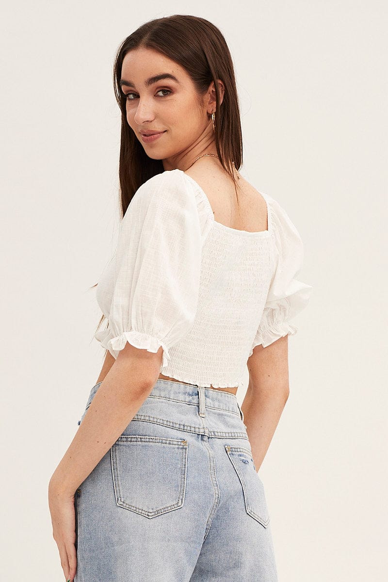 CROP TOP White Crop Top Puff Sleeve Frill Edge for Women by Ally