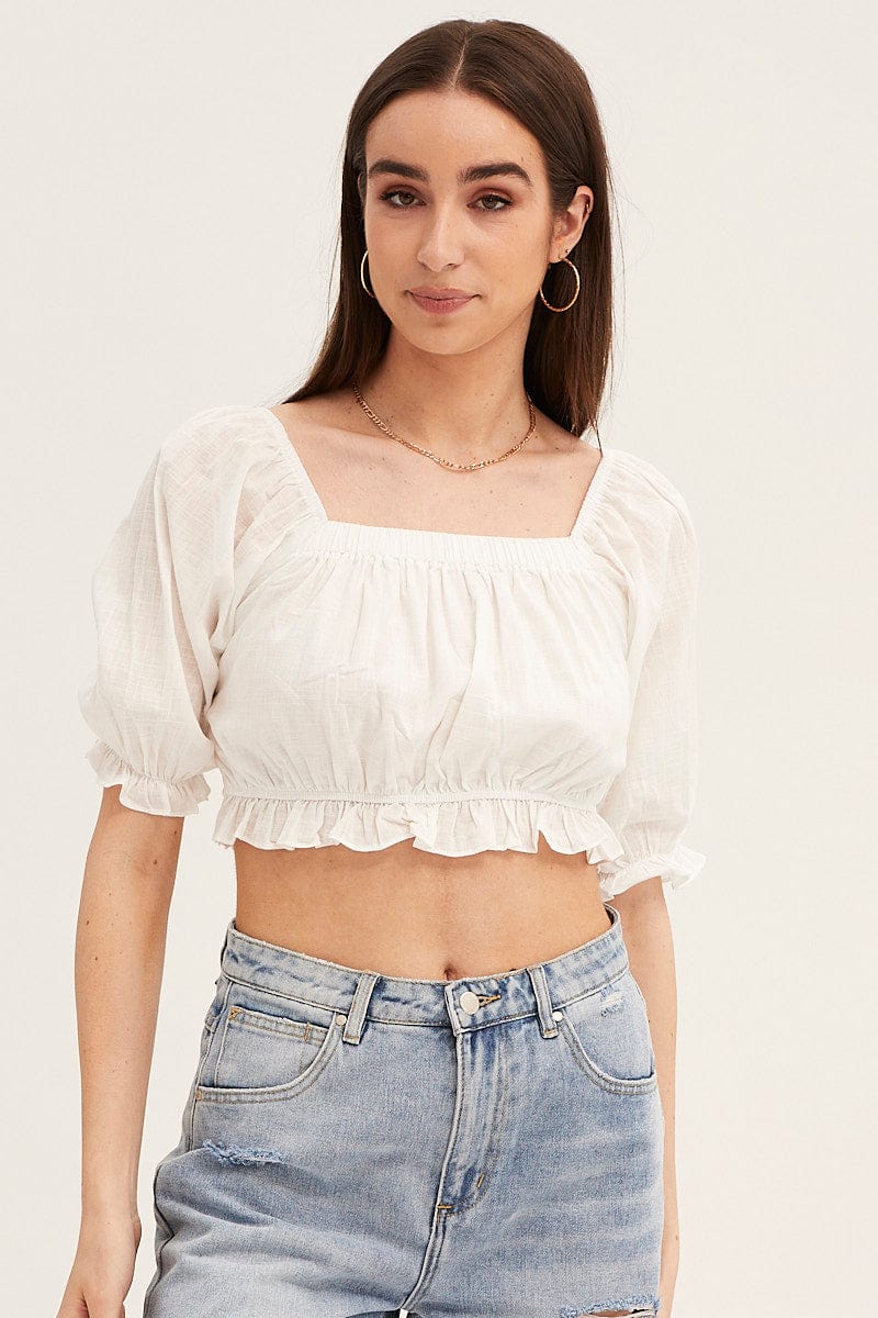 CROP TOP White Crop Top Puff Sleeve Frill Edge for Women by Ally