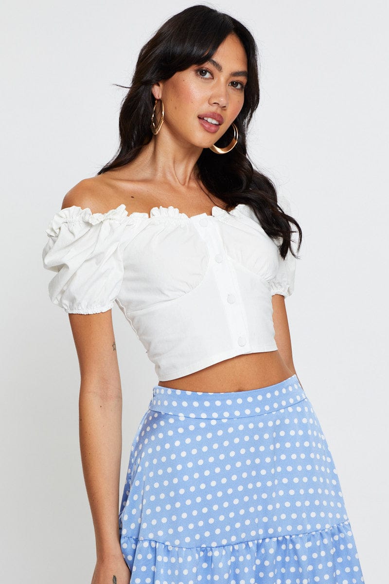 CROP TOP White Crop Top Short Sleeve Sweetheart Button Front for Women by Ally