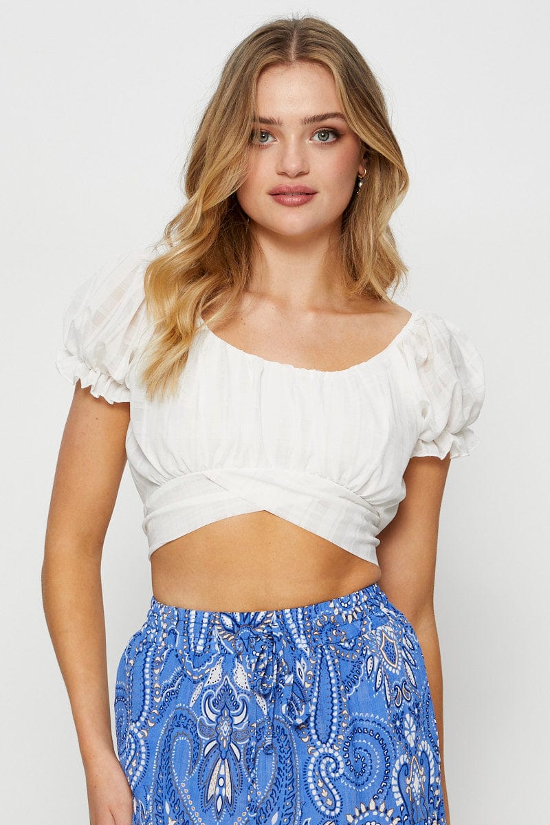 CROP TOP White Crop Top Short Sleeve Tie Up for Women by Ally