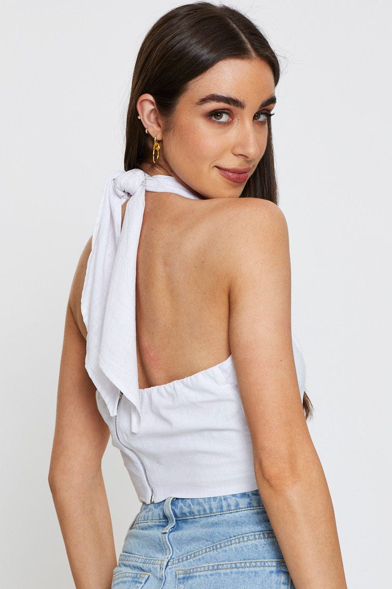 CROP TOP White Crop Top Sleeveless Tie Up Halter for Women by Ally