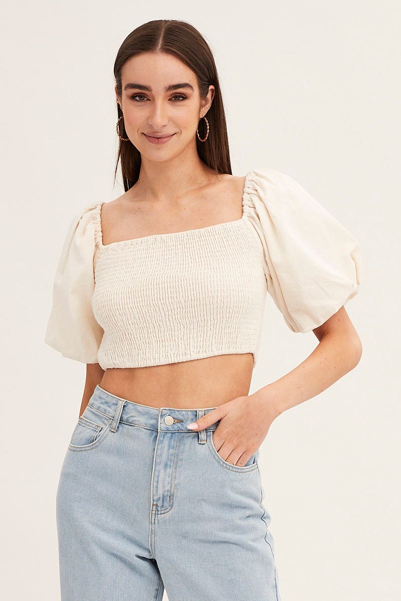 CROP TOP White Linen Blend Half Sleeve Shirred Cropped Top for Women by Ally