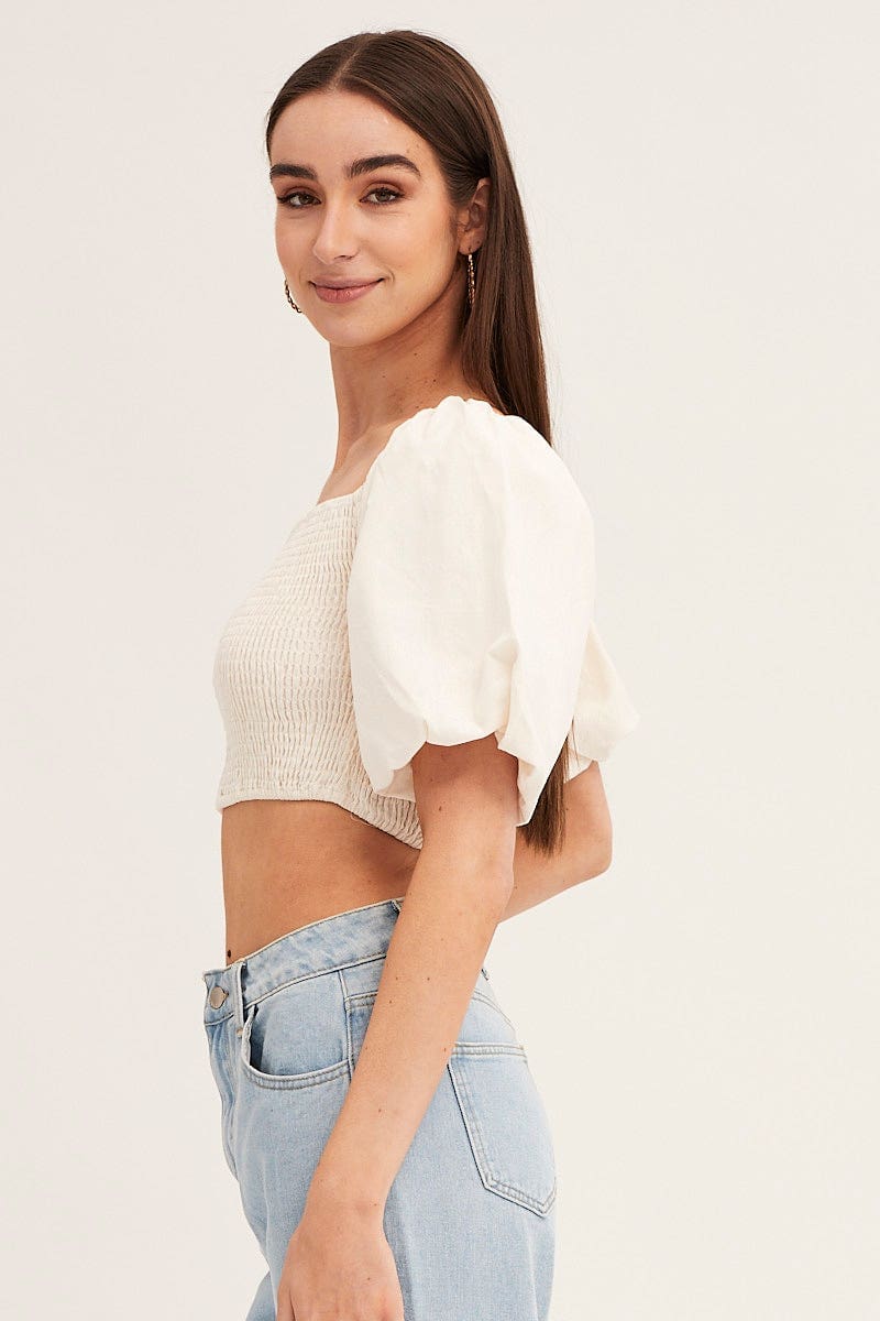 CROP TOP White Linen Blend Half Sleeve Shirred Cropped Top for Women by Ally