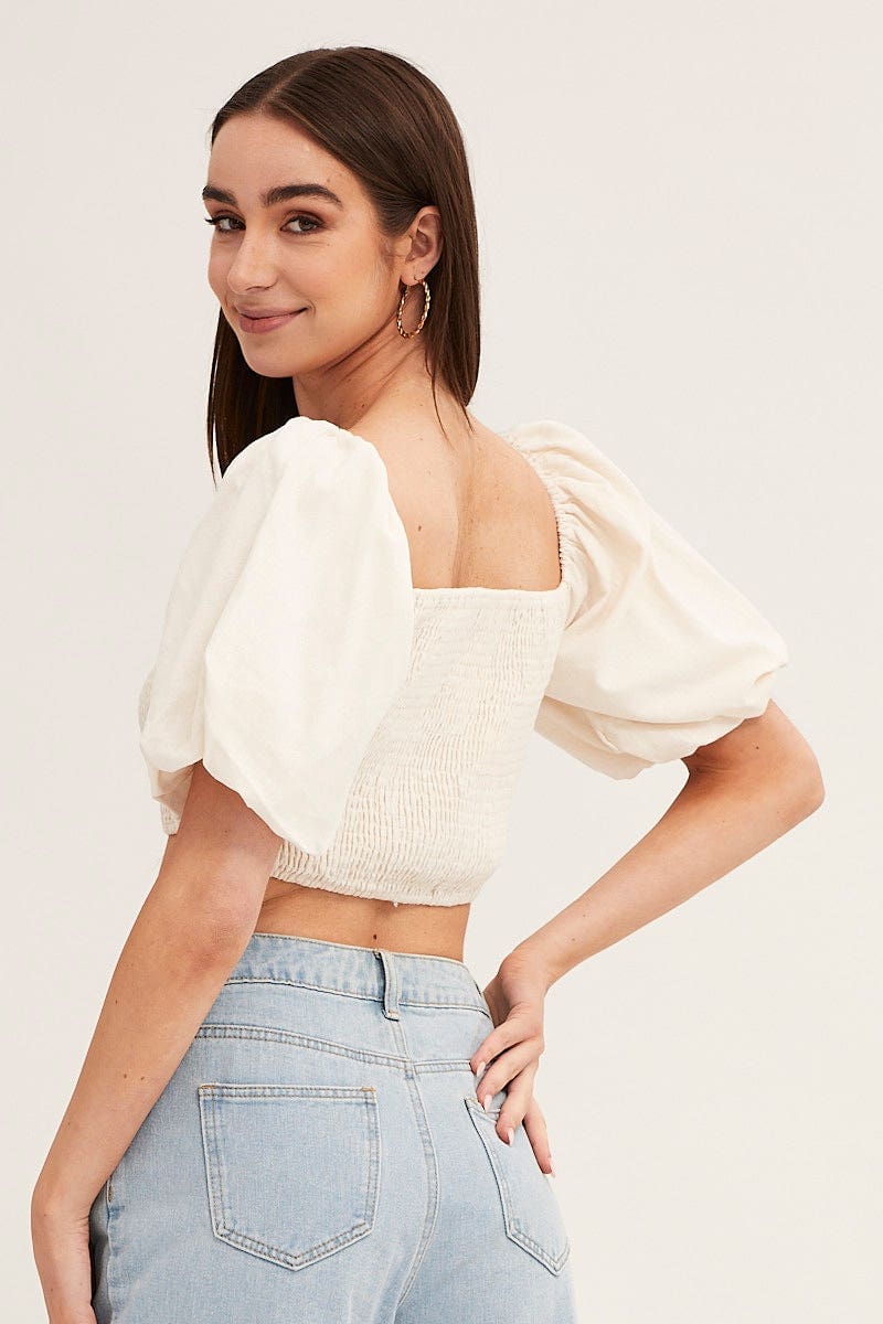 CROP TOP White Linen Blend Half Sleeve Shirred Cropped Top for Women by Ally