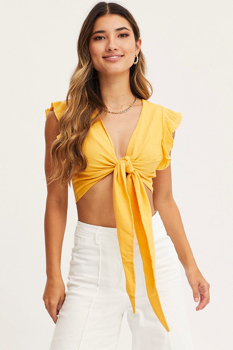 CROP TOP Yellow Crop Top Short Sleeve Tie Front for Women by Ally