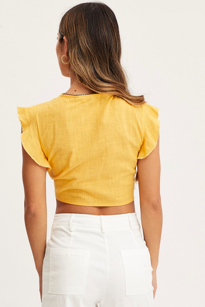 CROP TOP Yellow Crop Top Short Sleeve Tie Front for Women by Ally