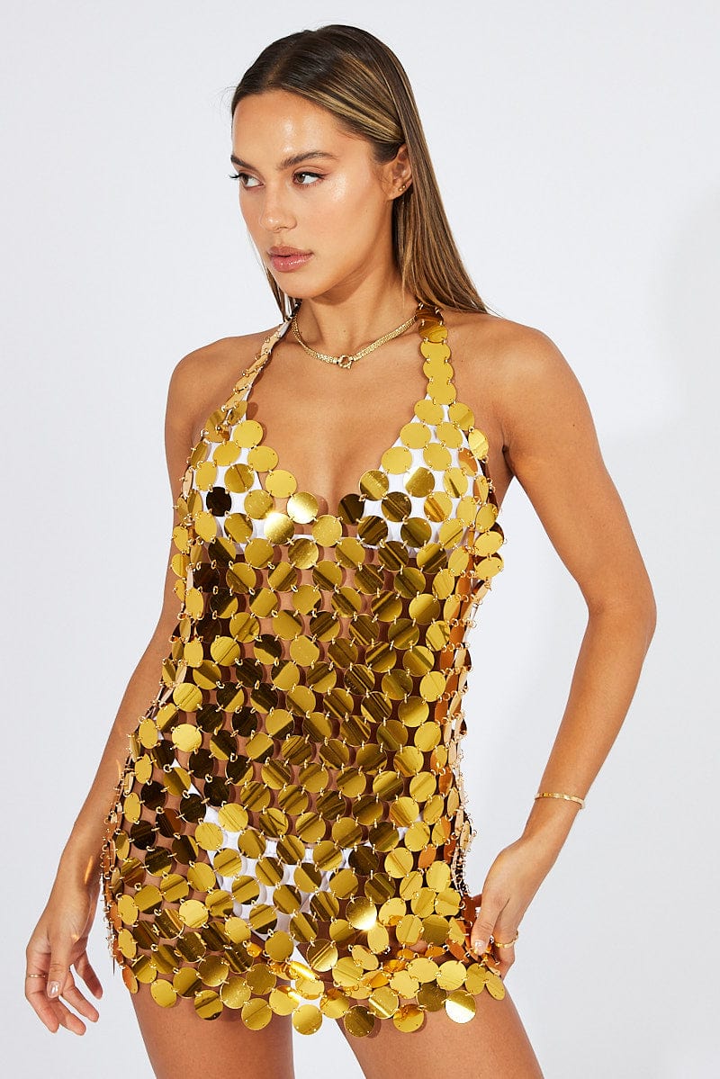 Gold Disc Sequin Bodycon Dress Ally Fashion