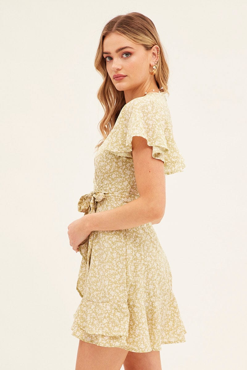 Green Floral Wrap Dress Short Sleeve Mini Fit And Flare for Ally Fashion